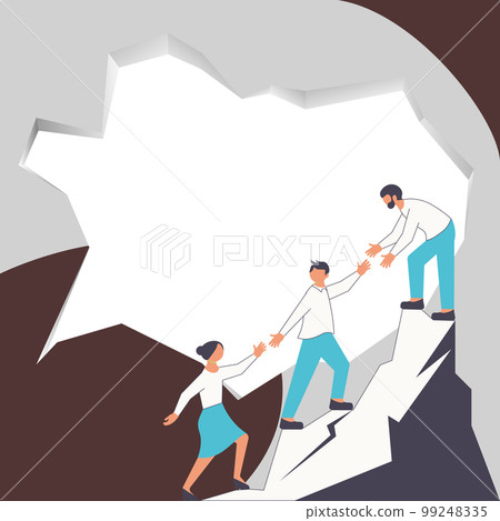 Thee Colleagues Climbing Upwards Mountain Reaching Success.White blank place for text on bright colored background. Partners Walking Up Peak Achieving Progress. 99248335
