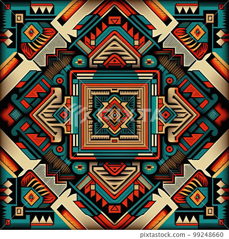 Aztec geometric pattern with triangles, diamond and sharp angles. Tribal, folk embroidery style. Ornamental ethnic print. Design for carpet, wallpaper, clothing, wrapping, fabric, cover, textile. AI Aztec geometric pattern with triangles, diamond and sharp angles. Tribal, folk embroidery style. Ornamental ethnic print. Design for carpet, wallpaper, clothing, wrapping, fabric, cover, textile. AI 99248660