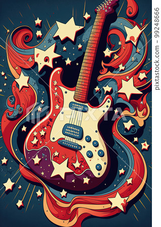 Country music festival poster with electric guitar and stars on blue background. Illustration for music event. AI 99248666