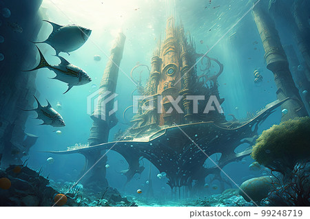 Fantasy underwater seascape with majestic architecture. Temple in futuristic city, lost civilization. Generative AI 99248719