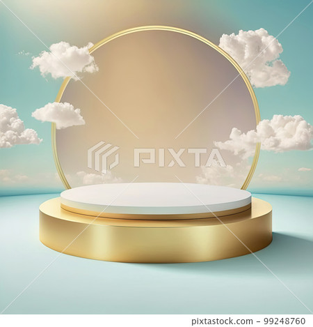 Product display podium with geometric platform, gold ball on white background. Stage showcase for beauty product on pedestal, white podium. Modern abstract background. 3D 99248760