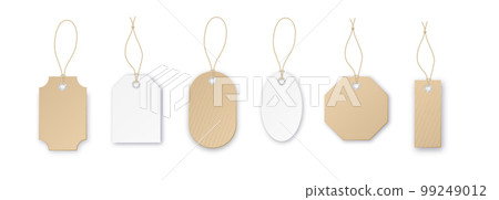 Set of tags or sale vector shopping labels with rope . White paper and brown kraft realistic material. Flat design isolated vector Set of tags or sale vector shopping labels with rope . White paper and brown kraft realistic material. Flat design isolated vector 99249012