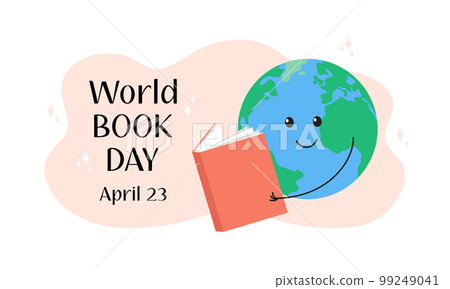 World Book Day. April 23 celebration. Cute cartoon Earth planet holding and reading open book. Vector flat illustration. Holiday poster, banner 99249041