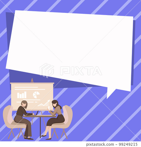 People sitting at table discussing latest news. White dialogue bubble contains important information. Empty big whiteboard for text on bright colored background. 99249215