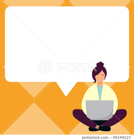 Yung girl sitting on the floor with laptop. Typing message. Important information written over white board under woman head. Big place for text behind model. Yung girl sitting on the floor with laptop. Typing message. Important information written over white board under woman head. Big place for text behind model. 99249223