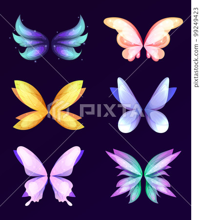 Fabulous creatures wings set. Different wings of fairy set. Vector cartoon set of wings pairs of magic and fantasy characters and animals isolated on white background 99249423