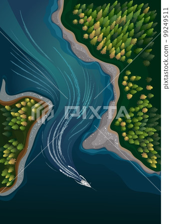 Boat on the river and forest in a summer nature landscape from top. Vector illustration 99249511
