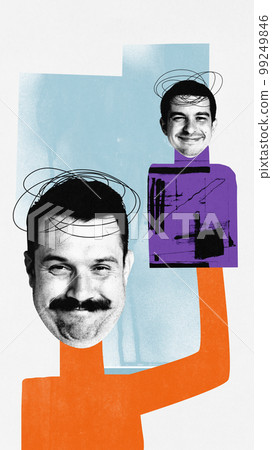 Contemporary art collage. Man with pleased facial expression holding glove puppetry doll. Alter ego concept. Concepts of psycholody, addiction, emotions, character. 99249846