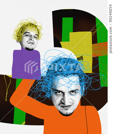 Contemporary art collage. Man with anger facial expression holding glove puppetry doll. Alter ego concept. Concepts of psycholody, addiction, emotions, character. 99249854