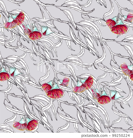 Foliage seamless pattern, green eucalyptus leaves outline illustration 99250224