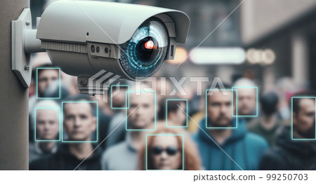 Close-up of a camera lens trained on pedestrians, analyzing their faces for identity verification. Generative AI illustration 99250703