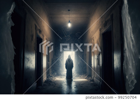 Abandoned house is haunted by the ghost of a former inhabitant in a creepy dark corridor. Generative AI illustration 99250704