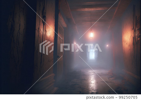Red glow and supernatural fog haunting a semi-dark corridor of an abandoned house. Generative AI illustration 99250705