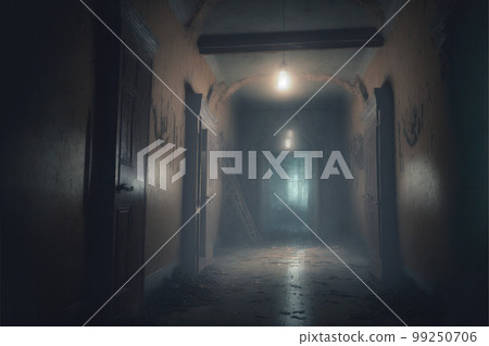 A haunted house's dark corridor filled with an eerie supernatural fog. Generative AI illustration 99250706