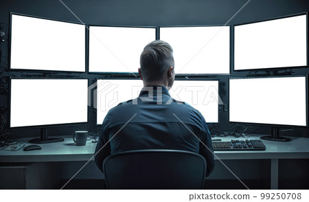 A security guard scans multiple displays from a secure desk in a 99250708