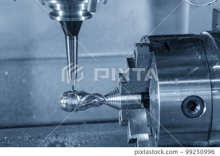 The 4-axis CNC milling machine cutting the sample part with solid ball end mill tool. The 4-axis CNC milling machine cutting the sample part with solid ball end mill tool. 99250996