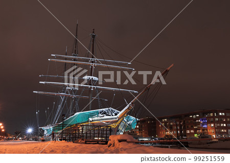 Old sailing ship is moored in Turku port at night. Finland Old sailing ship is moored in Turku port at night. Finland 99251559