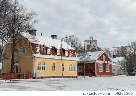Street view of Turku on a winter day. Old residential houses Street view of Turku on a winter day. Old residential houses 99251560