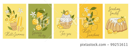 Set of postcards with lemons and lemon desserts. Vector graphics. Set of postcards with lemons and lemon desserts. Vector graphics. 99251611