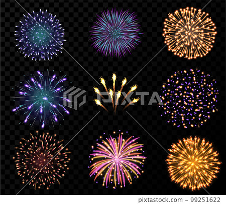 Festive patterned firework bursting in various shapes sparkling pictograms set. Bright fireworks. Vector illustration 99251622