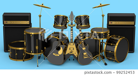 Set of realistic drums with metal cymbals, amplifier and acoustic guitars 99252453