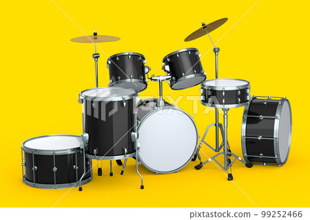 Set of realistic drums with metal cymbals or drumset on yellow background 99252466