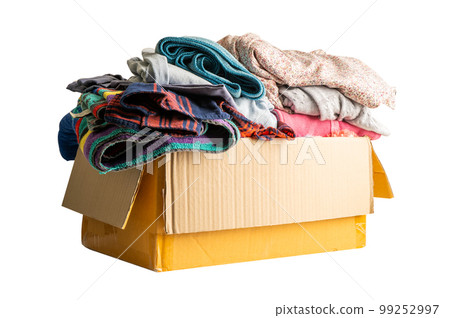 Donation box with used clothes isolated on white background with clipping path to support help for poor people in the world. Donation box with used clothes isolated on white background with clipping path to support help for poor people in the world. 99252997