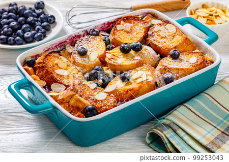 Blueberry Almond Mascarpone French Toast, top view Blueberry Almond Mascarpone French Toast, top view 99253043