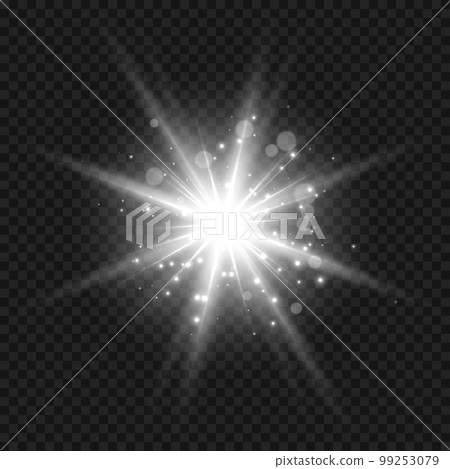 Star burst with sparkles. Silver light flare effect with stars, sparkles and glitter isolated on transparent background. Vector illustration of shiny glow star with stardust, white lens flare Star burst with sparkles. Silver light flare effect with stars, sparkles and glitter isolated on transparent background. Vector illustration of shiny glow star with stardust, white lens flare 99253079