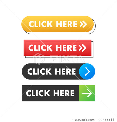 Click here button with hand pointer clicking. Vector stock illustration. 99253311