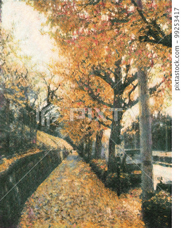 代代木公園附近一條兩旁種滿銀杏樹的道路。圖解照片。 代代木公園附近一條兩旁種滿銀杏樹的道路。圖解照片。 99253417