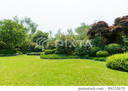 Scenic View of a Beautiful Landscape Garden with a Green Mowed Lawn Scenic View of a Beautiful Landscape Garden with a Green Mowed Lawn 99253679