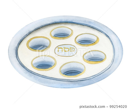 Watercolor round blue Passover Seder plate for Pesach dinner, empty plate for traditional Jewish holiday food 99254020
