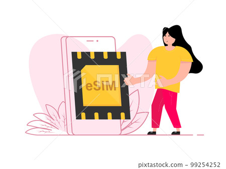 A man stands near the smartphone, on the screen eSim chip. Embedded SIM. Vector stock illustration. 99254252