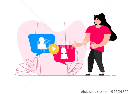 A woman stands near the smartphone, on the screen Video conference and online communication. Video call. A woman stands near the smartphone, on the screen Video conference and online communication. Video call. 99254253