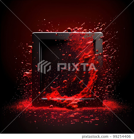 A square frame with red paint splashes on black background. Liquid paint pouring texture. Ai generated abstract illustration with black square frame covered with colorful drops. 99254406
