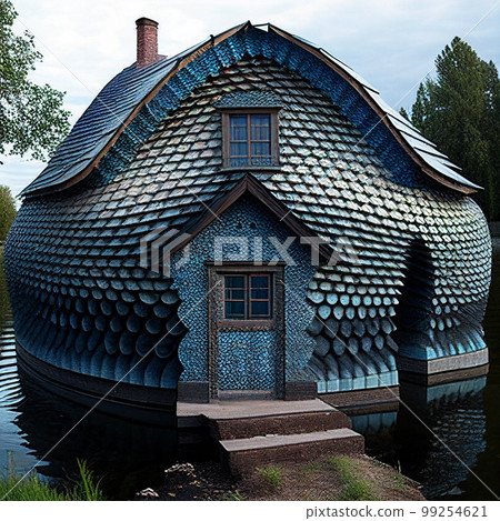 Fantastic fishing house on the river. The house is covered with scales, unusual design, creative building Fantastic fishing house on the river. The house is covered with scales, unusual design, creative building 99254621