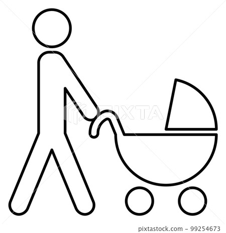 Man pushing pram. Father walk with little baby. Linear icon 99254673