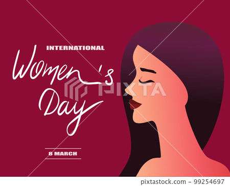 International Women's Day greeting poster. Beautiful woman on burgundy color background. Minimal. Hand drawn text Women's Day. For template, veb, design, cards, poster International Women's Day greeting poster. Beautiful woman on burgundy color background. Minimal. Hand drawn text Women's Day. For template, veb, design, cards, poster 99254697
