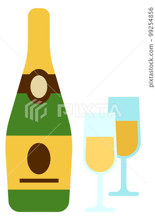 Sparkling wine and two glasses. Celebrating color icon Sparkling wine and two glasses. Celebrating color icon 99254856