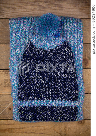 Handmade wool knitted winter blue hat and scarf 99254906
