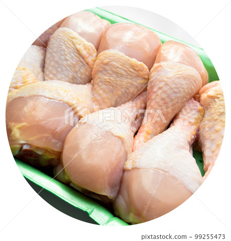 Fresh uncooked chicken meat drumsticks pieces, in package baget ready to cook 99255473