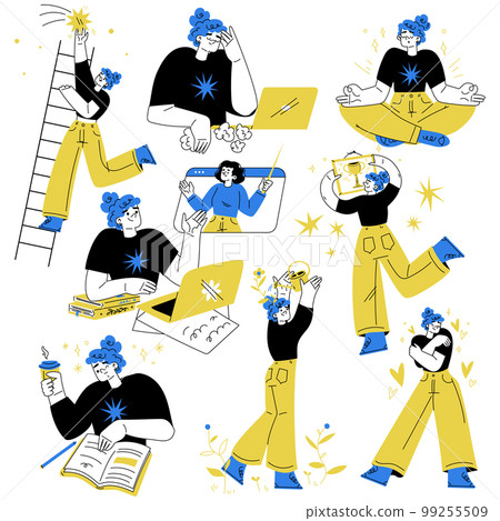 Self Growth with Woman Character Engaged in Personal Development and Improvement Learning, Reaching Star, Meditating and Watering Herself Vector Set Self Growth with Woman Character Engaged in Personal Development and Improvement Learning, Reaching Star, Meditating and Watering Herself Vector Set 99255509