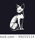 White silhouette of sitting sphynx hairless cat on black isolated background. Kitty logo vector illustration.  99255514