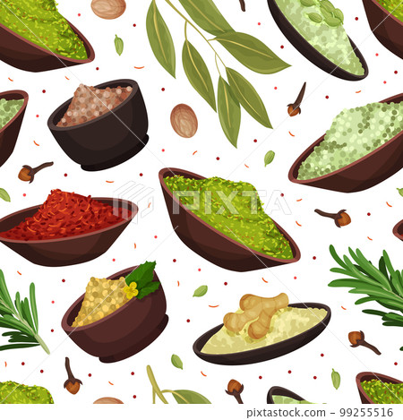 Seasoning and Spices Seamless Pattern Design with Pile of Condiments in Bowl Vector Template Seasoning and Spices Seamless Pattern Design with Pile of Condiments in Bowl Vector Template 99255516