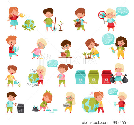 Kid Characters Saving Nature Sorting Garbage and Planting Big Vector Set 99255563