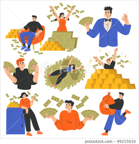 Rich People Character with Banknotes and Gold Bar Vector Set Rich People Character with Banknotes and Gold Bar Vector Set 99255610