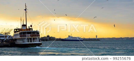 White cruise ship ferry transport, symbol of istanbul, March 23 2019 Kadikoy Istanbul Turkey 99255676