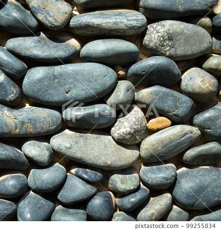 Blue pebbles texture background, decorative small stones texture 99255834