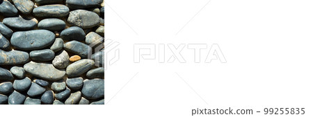 Wall texture decorated with blue pebbles, pebbles glued to the wall, banner mock up poster desing 99255835